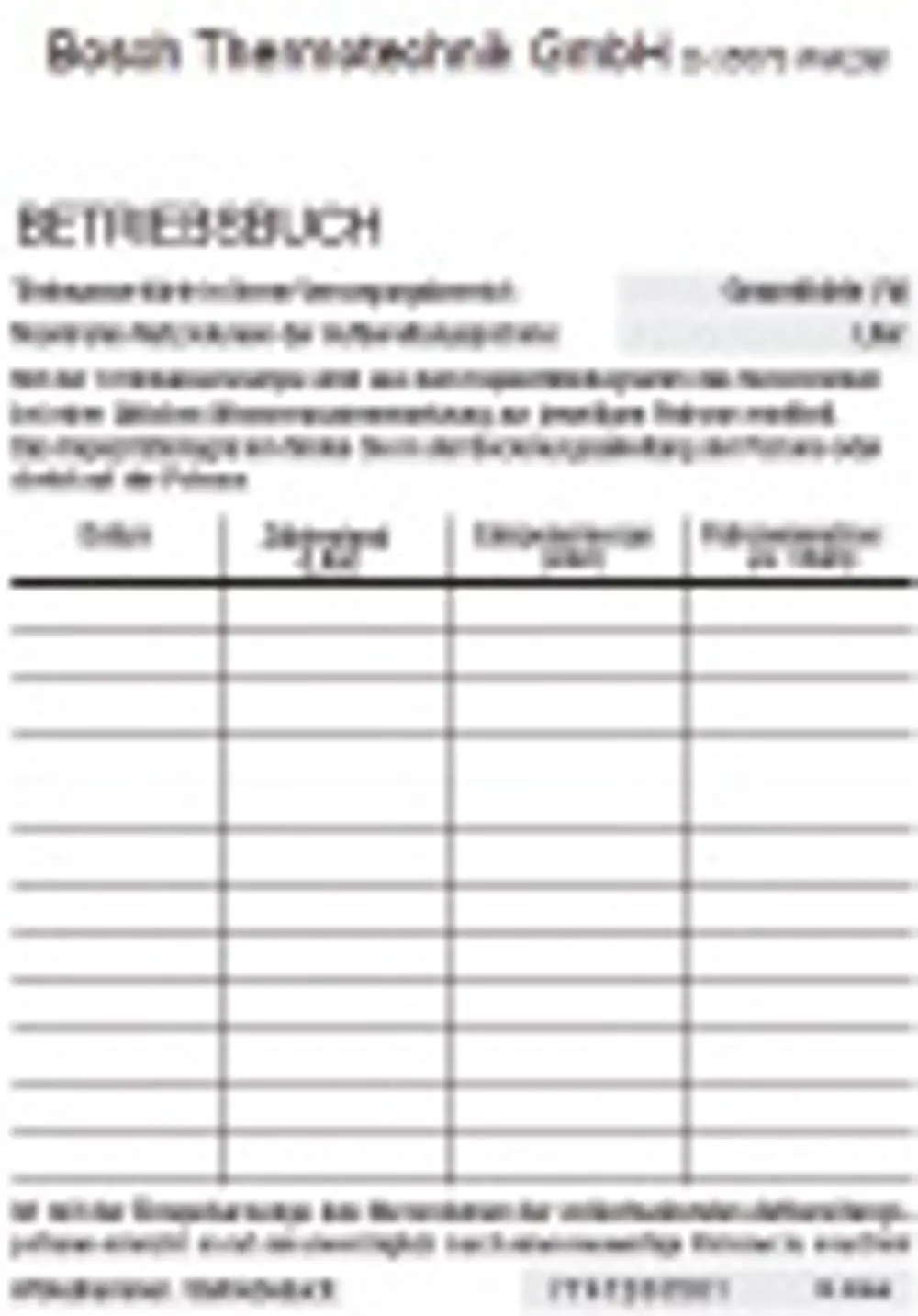 Betriebsbuch für die Dokumentation der Verwendung von vollentsalztem Wasser in Anlagen von Bosch zur Wasseraufbereitung. Enthält Tabellen zur Eintragung relevanter Daten.